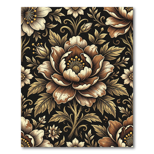 Ornate Golden Floral Black Background Rug