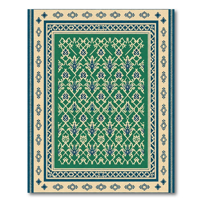 Emerald Blue Geometric Lattice Medallion Rug