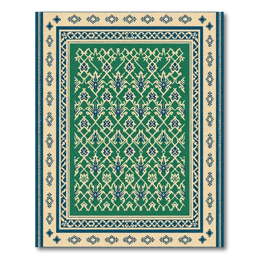 Emerald Blue Geometric Lattice Medallion Rug