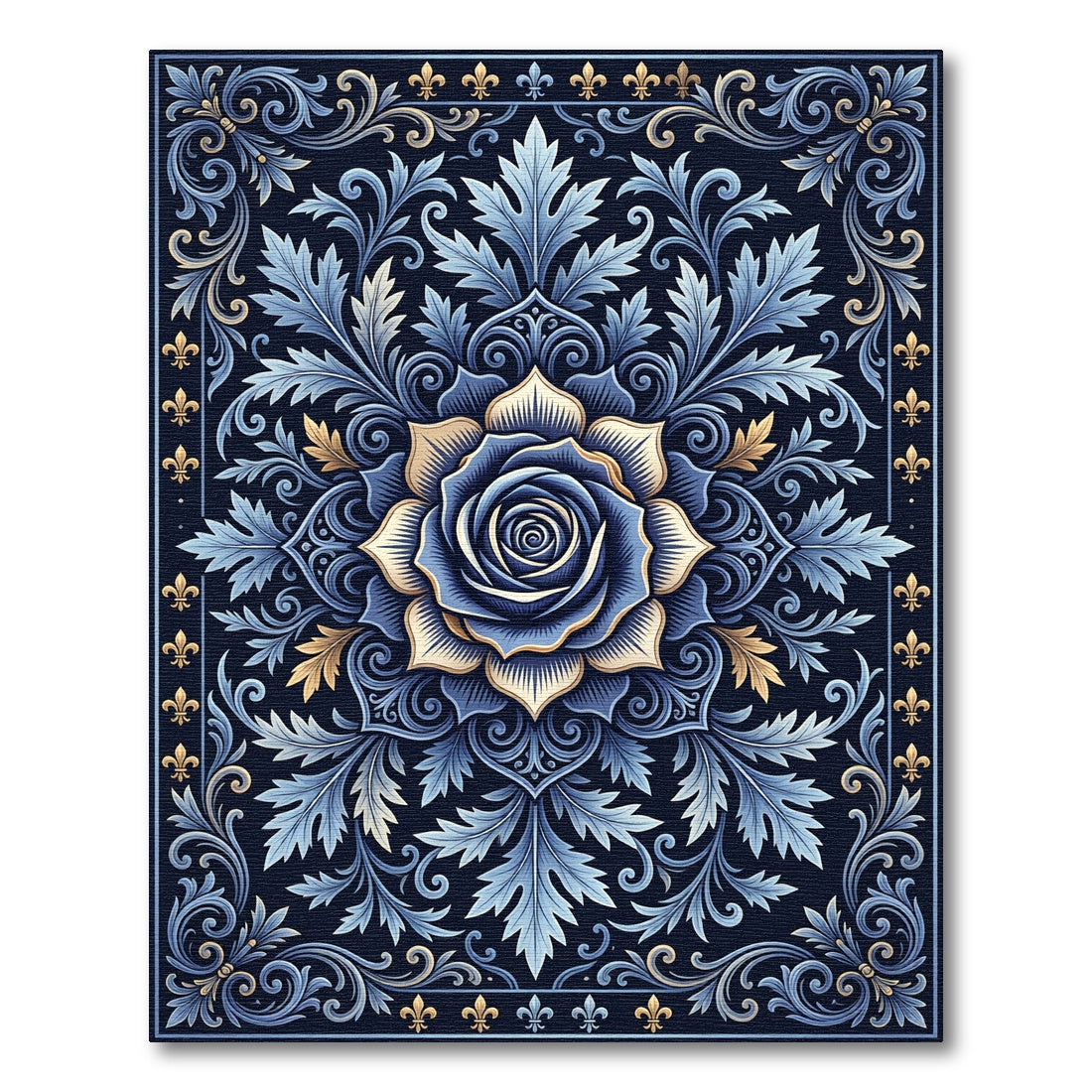 Deep Blue Golden Rose Floral Scroll Rug