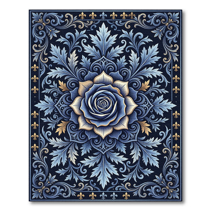 Deep Blue Golden Rose Floral Scroll Rug