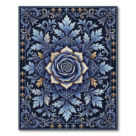 Deep Blue Golden Rose Floral Scroll Rug