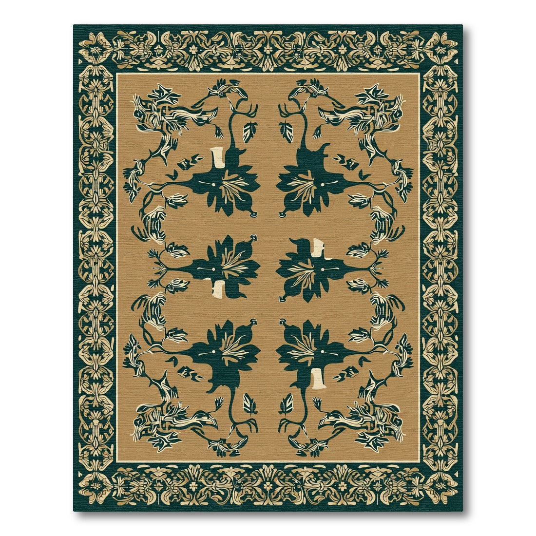 Teal Golden Floral Botanical Frame Rug