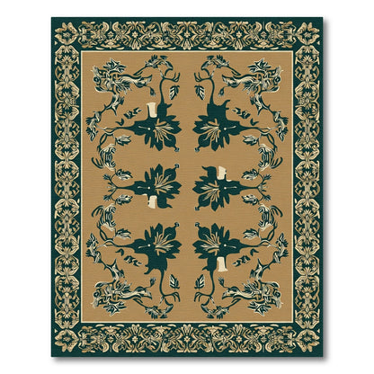 Teal Golden Floral Botanical Frame Rug