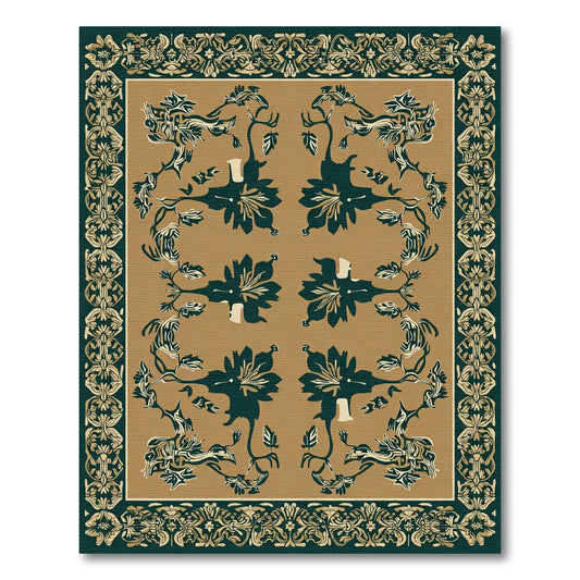 Teal Golden Floral Botanical Frame Rug