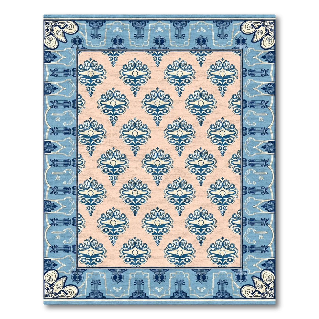 Coral Blue Classic Damask Medallion Rug