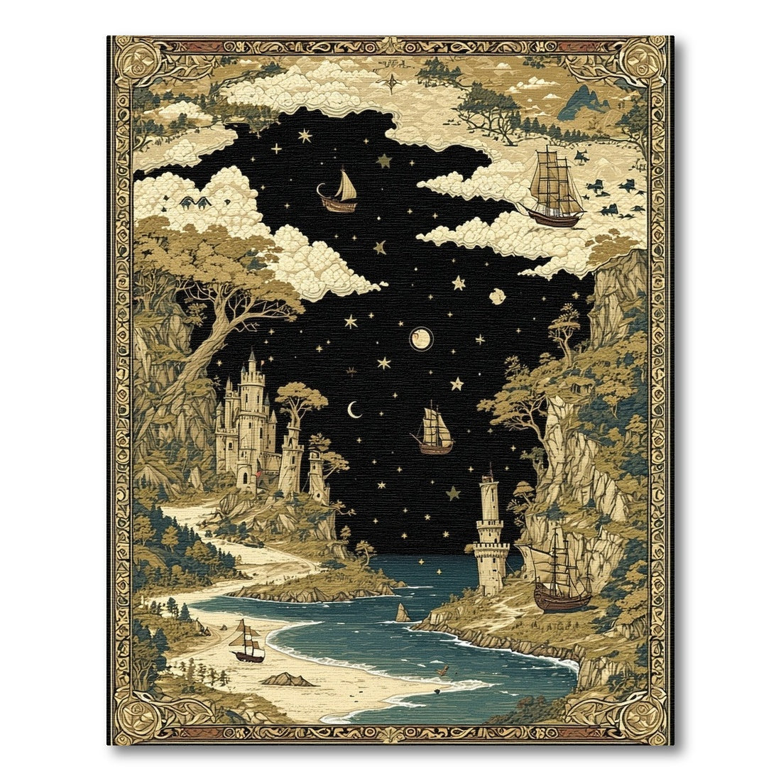 Ornate Starry Fantasy Castles Ships Rug