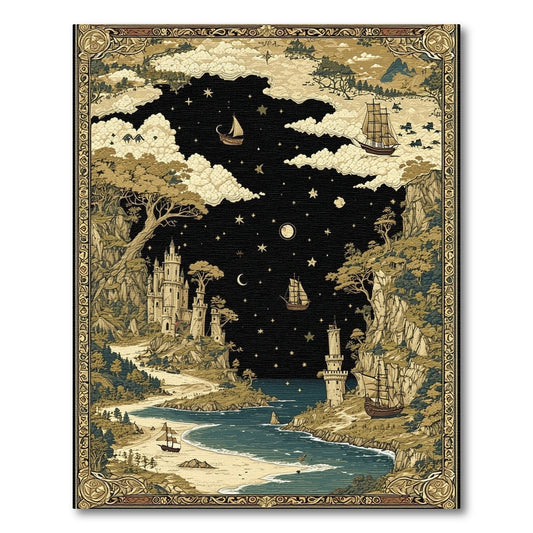 Ornate Starry Fantasy Castles Ships Rug