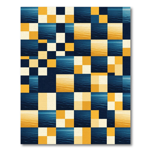 Ocean Sunset Geometric Grid Gold Blue Rug