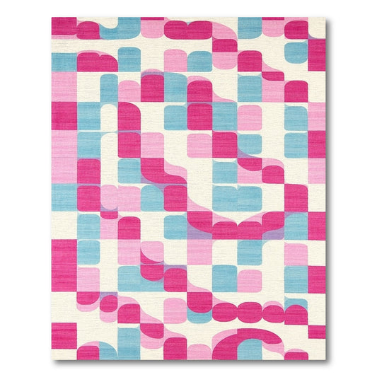 Vibrant Pink Teal Curved Geometric Rug