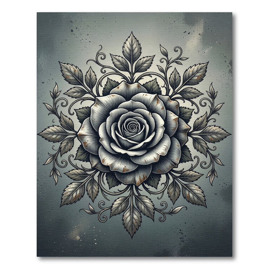Monochrome Etched Rose Floral Medallion Rug