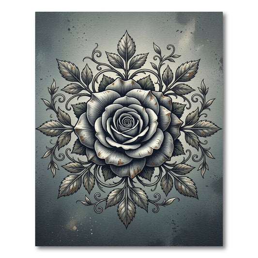 Monochrome Etched Rose Floral Medallion Rug