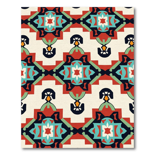Bold Red Teal Geometric Medallion Rug