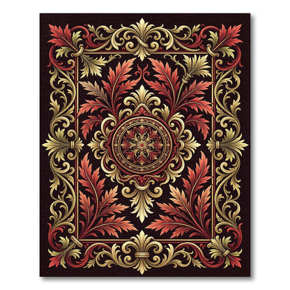 Ornate Red Gold Leaf Frame Rug