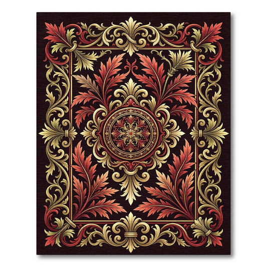 Ornate Red Gold Leaf Frame Rug