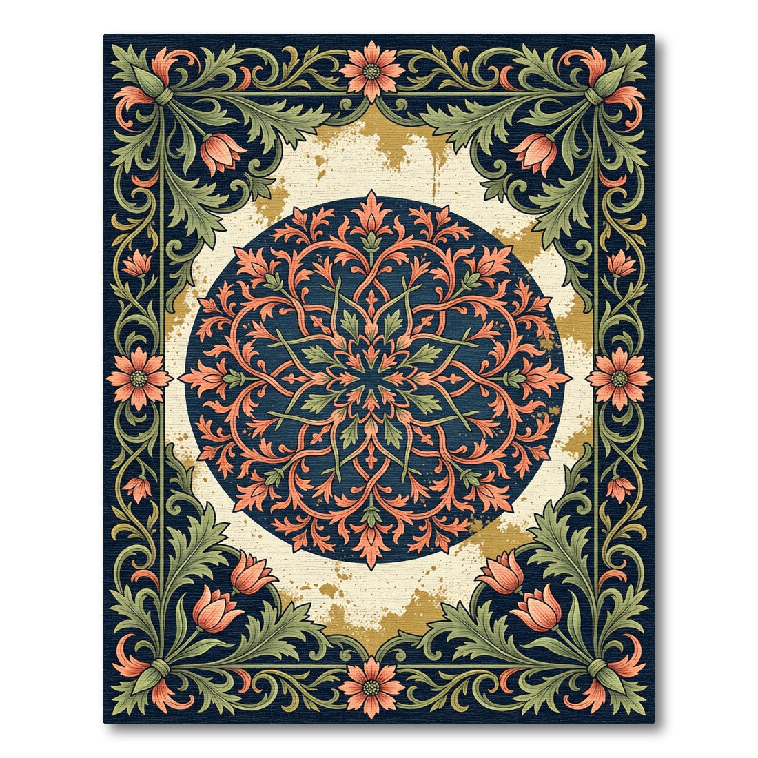 Elegant Navy Floral Mandala Foliage Rug