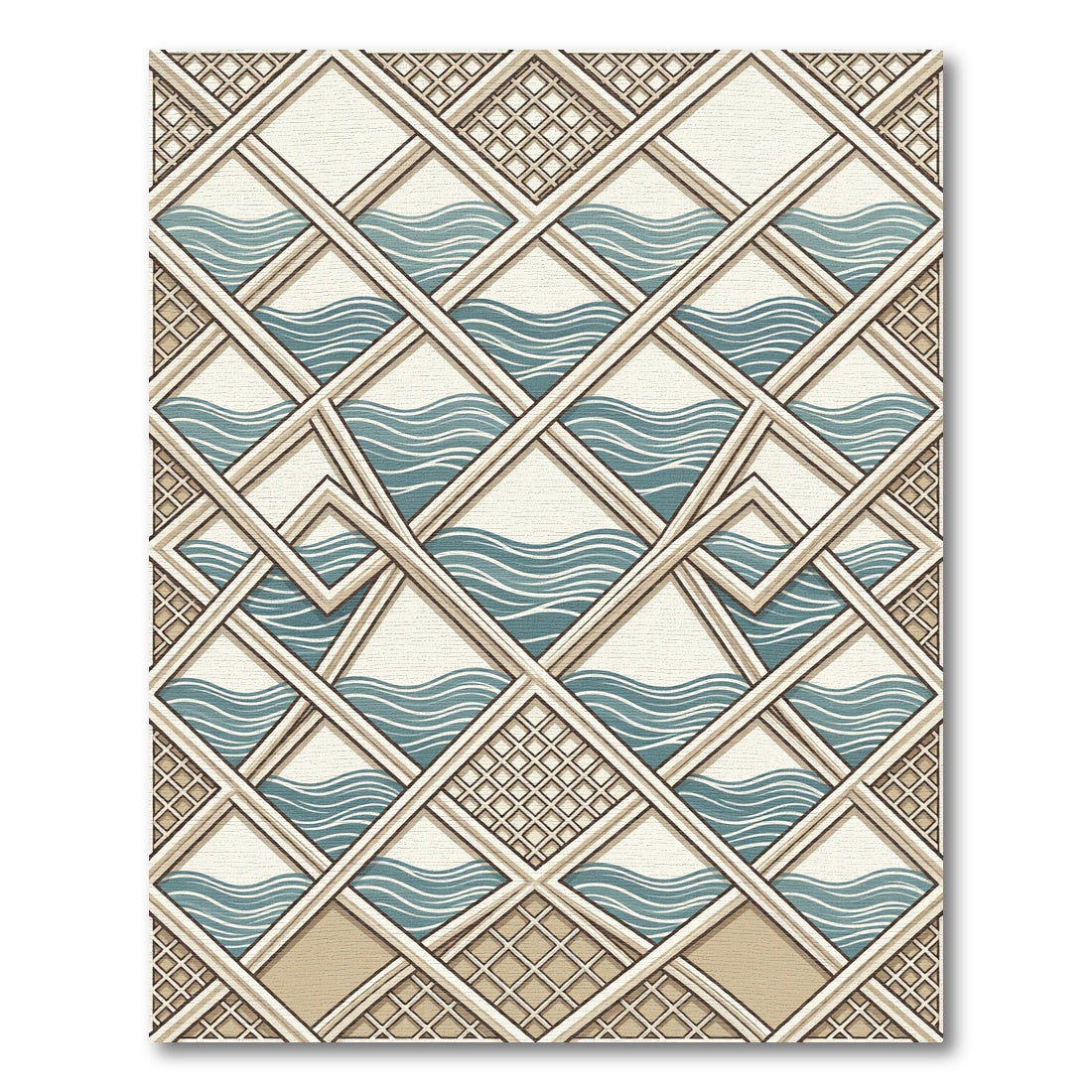 Geometric Blue Wave Interlocking Grid Rug