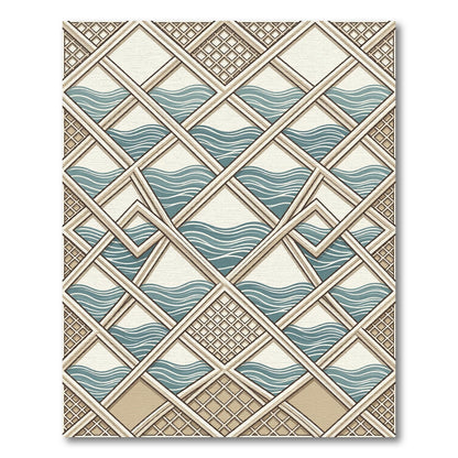 Geometric Blue Wave Interlocking Grid Rug