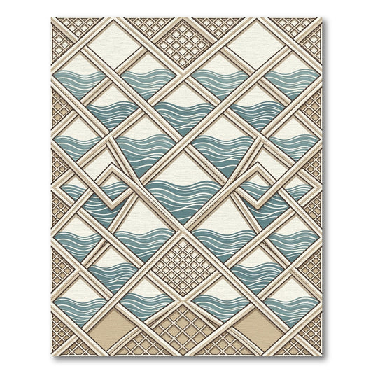 Geometric Blue Wave Interlocking Grid Rug
