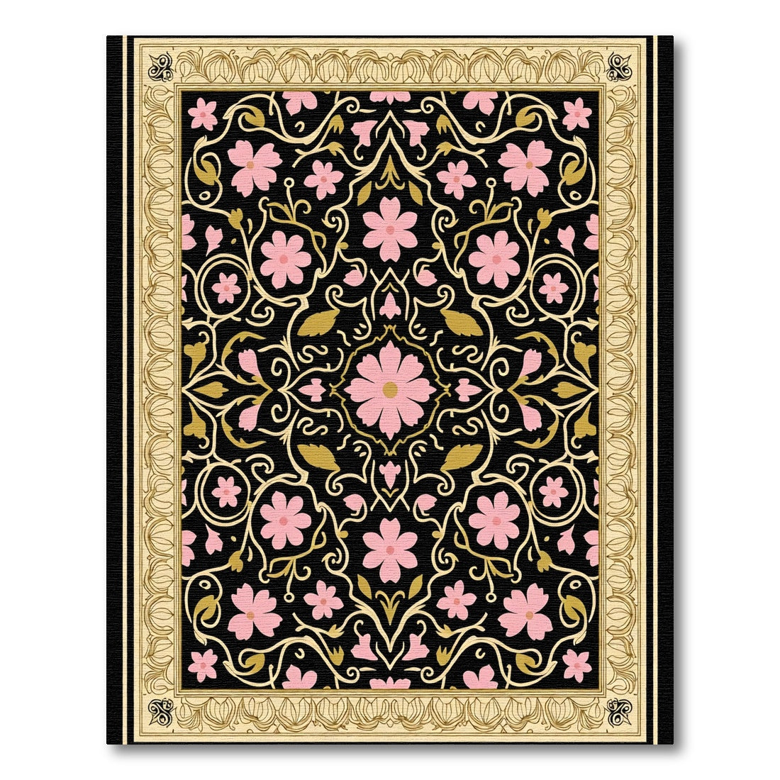 Black Pink Gold Floral Swirl Border Rug