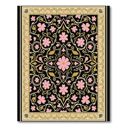 Black Pink Gold Floral Swirl Border Rug