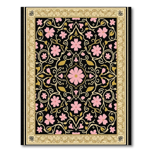 Black Pink Gold Floral Swirl Border Rug