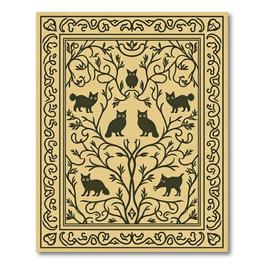 Black Woodland Animals Tree Border Rug