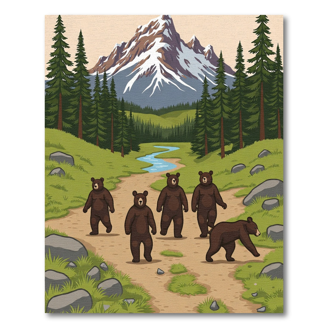Woodland Bears Mountain Landscape Scene Rug