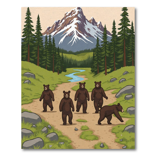 Woodland Bears Mountain Landscape Scene Rug