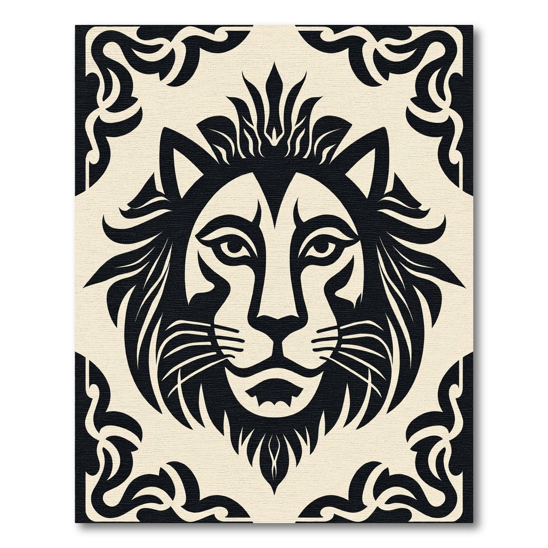 Bold Black Lion Face Cream Border Rug