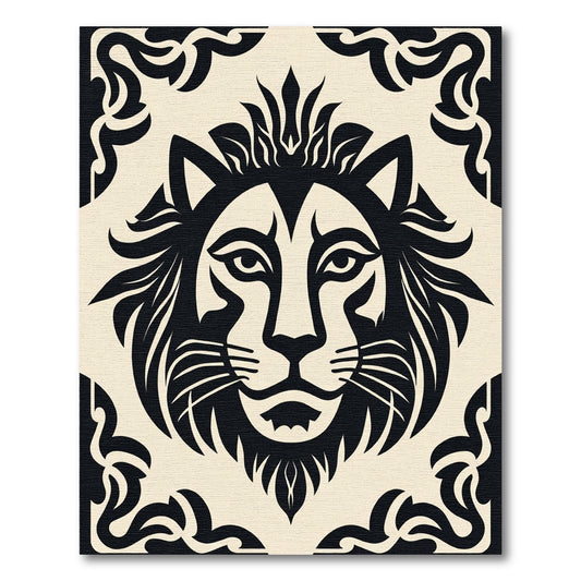 Bold Black Lion Face Cream Border Rug
