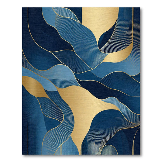 Deep Blue Golden Wave Curves Rug