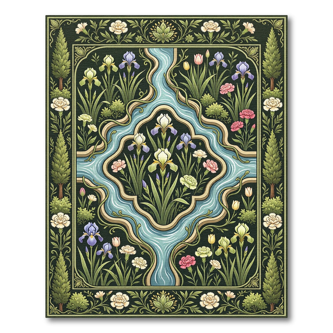 Dark Emerald Garden River Floral Arrangement Rug