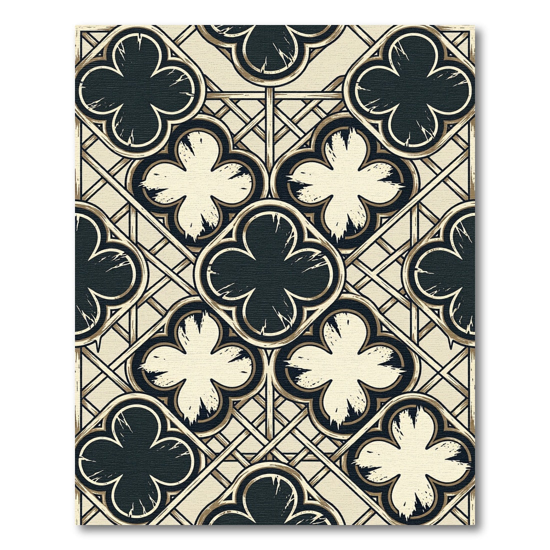 Gothic Black and Cream Quatrefoil Grid Rug