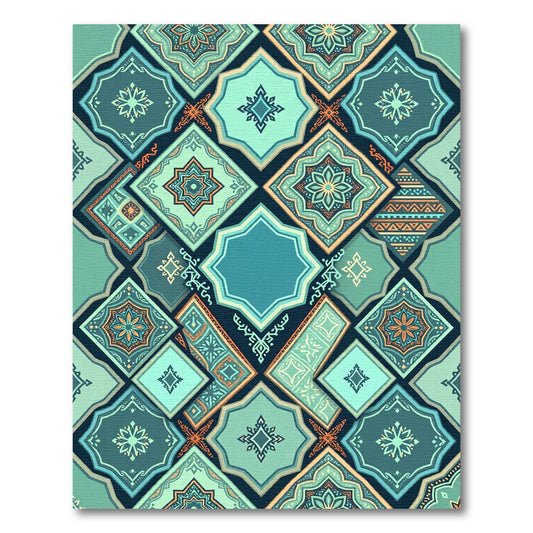 Teal Geometric Mosaic Tile Medallion Rug