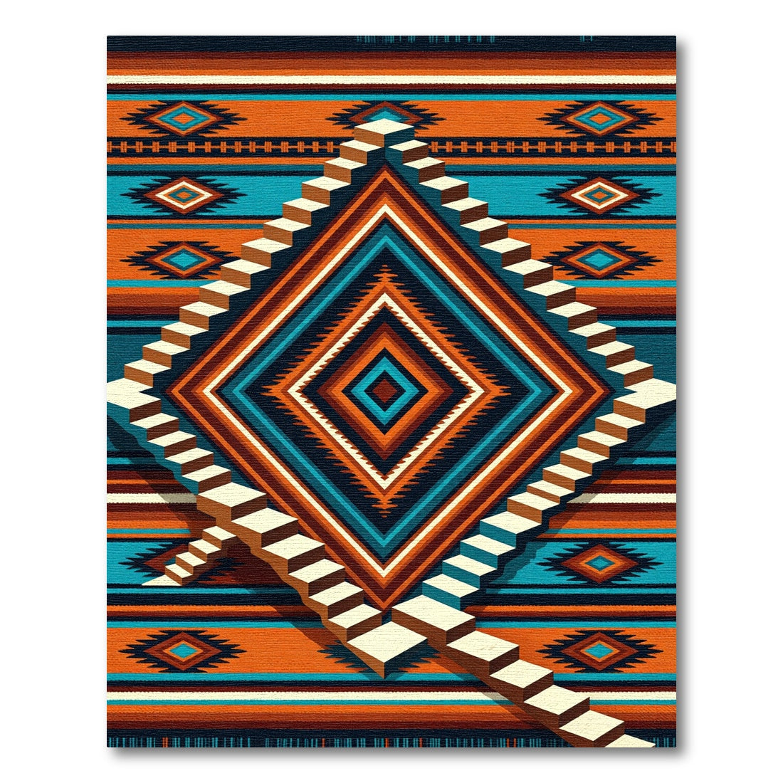Geometric Step Aztec Diamond Southwestern Art Rug