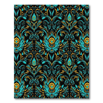 Teal Gold Floral Damask Scrolling Rug