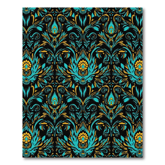 Teal Gold Floral Damask Scrolling Rug