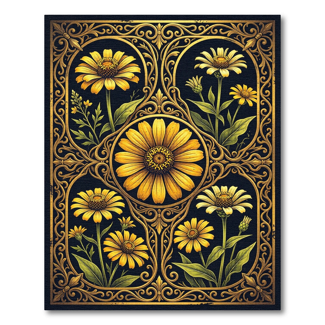 Golden Sunflower Ornate Art Nouveau Rug