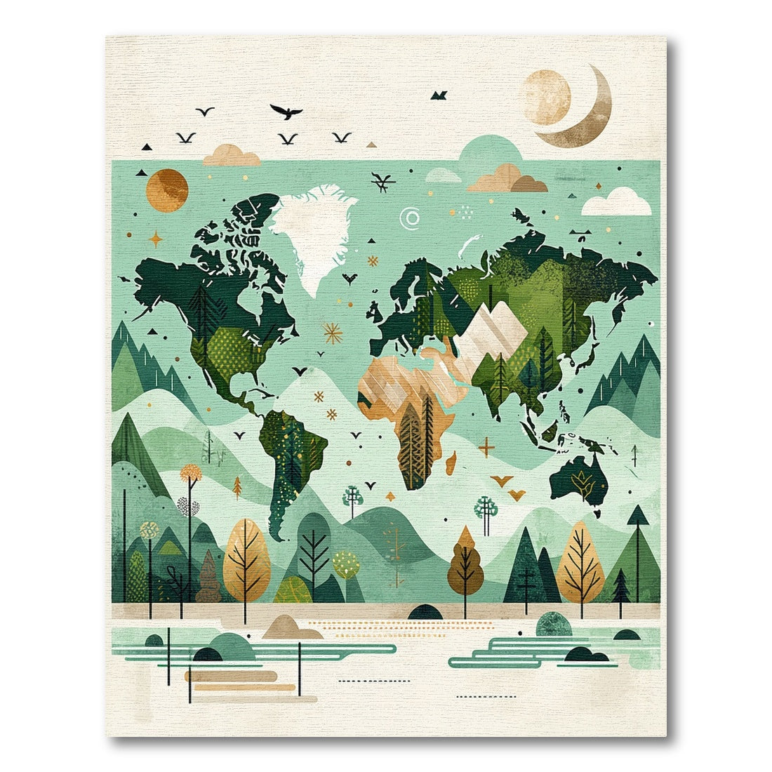 Teal World Map Forest Mountains Rug