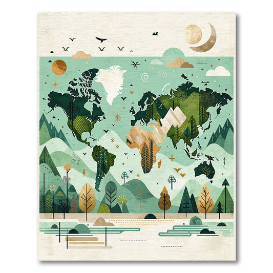 Teal World Map Forest Mountains Rug