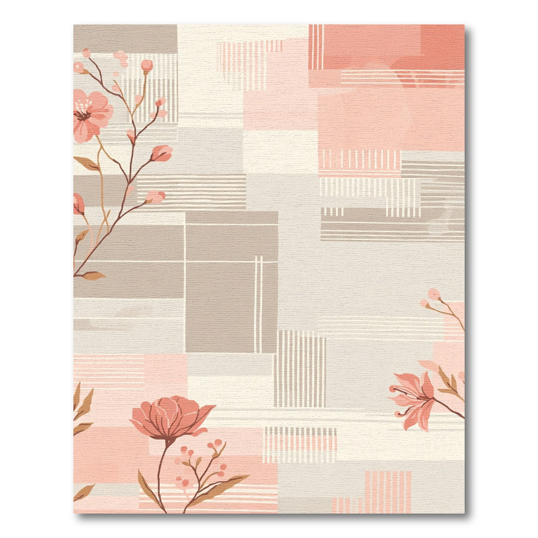 Soft Peach Floral Geometric Blocks Rug