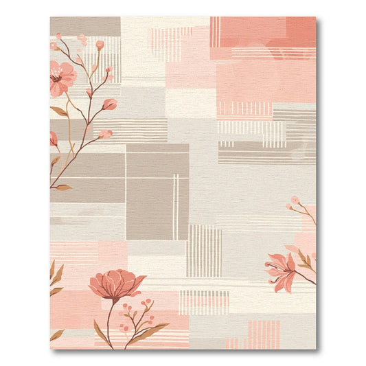 Soft Peach Floral Geometric Blocks Rug