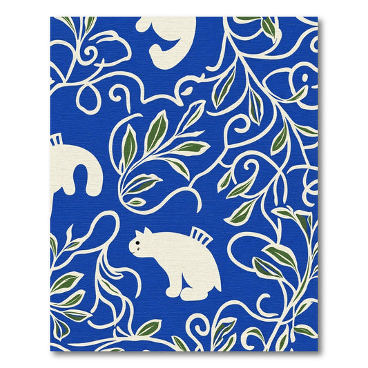 Bold Blue Whimsical Feline Foliage Rug