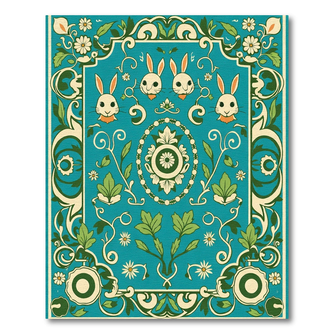 Teal Floral Rabbit Courtly Arrangement Rug