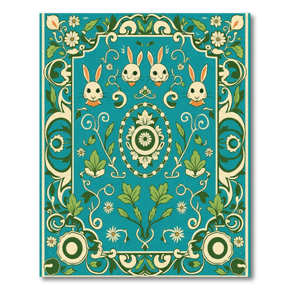 Teal Floral Rabbit Courtly Arrangement Rug