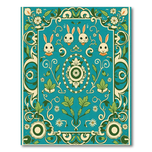 Teal Floral Rabbit Courtly Arrangement Rug