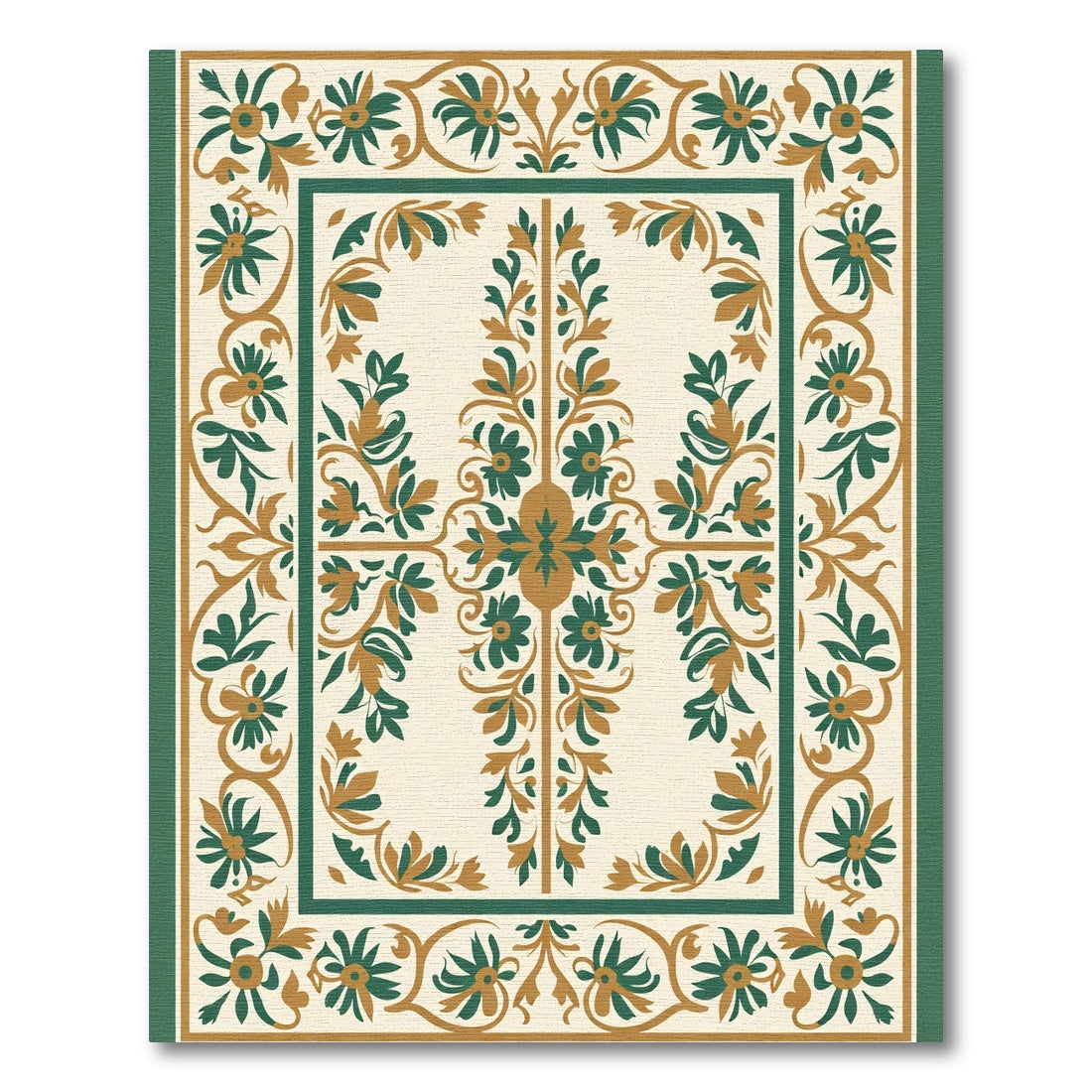 Golden Green Floral Scroll Border Rug