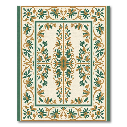 Golden Green Floral Scroll Border Rug