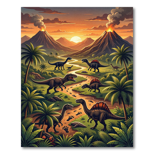 Vibrant Dinosaur Volcano Tropical Sunset Rug